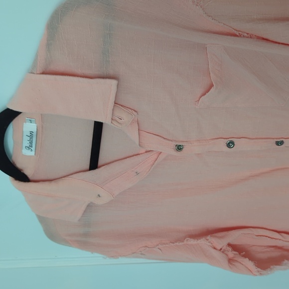 Paintcolors Sz L Peach Button Down Sheer Shirt with Frayed Accents - Picture 3 of 4